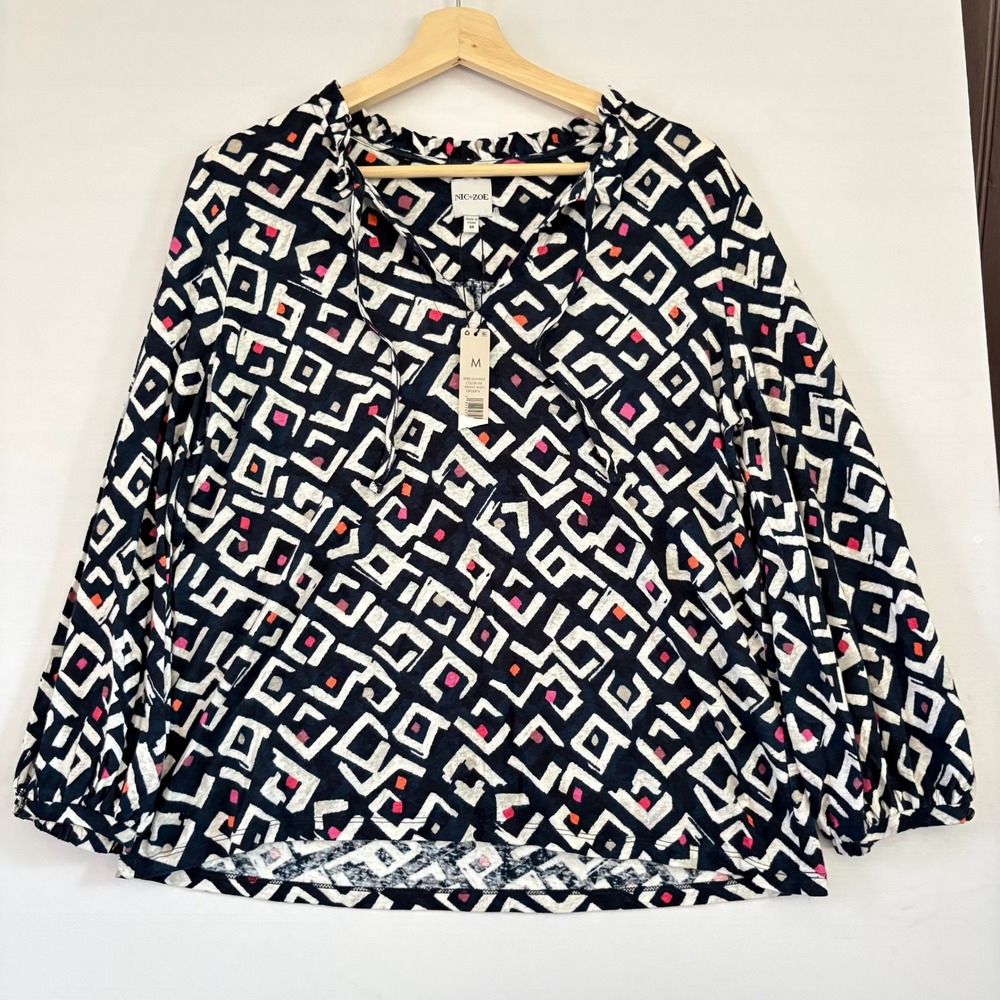 Nic+Zoe Indigo Multi Geometric Print Ruffle Tie Neck Blouse M241053 M NEW